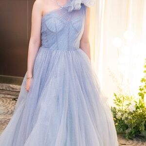 Mac Duggal Glitter One-Shoulder Ombre Gown with Bow
